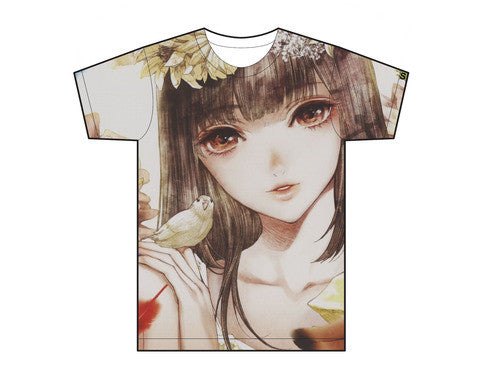 Beautiful Illustrated Girl With A Bird On Her Hand Allover Unisex T-Shirt