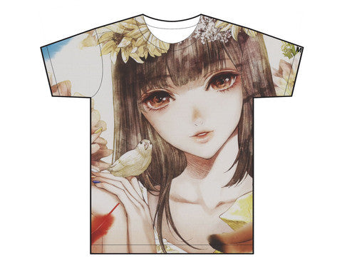 Beautiful Illustrated Girl With A Bird On Her Hand Allover Unisex T-Shirt