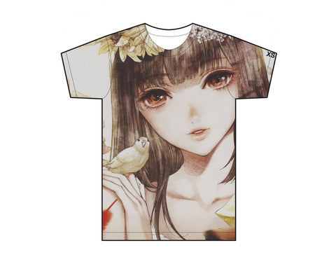 Beautiful Illustrated Girl With A Bird On Her Hand Allover Unisex T-Shirt