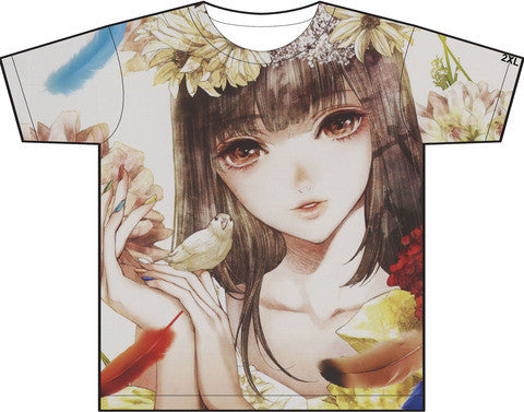 Beautiful Illustrated Girl With A Bird On Her Hand Allover Unisex T-Shirt